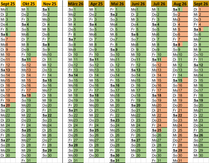 Mo 1 Mi 1 Sa 1 So 1 Mi 1 Fr 1 Mo 1 Mi 1 Sa 1 Di 1 Di 2 Do 2 So 2 Mo 2 Do 2 Sa. 2 Di 2 Do 2 So 2 Mi 2 Mi 3 Fr 3 Mo 3 Di 3 Fr 3 So. 3 Mi 3 Fr 3 Mo 3 Do 3 Do 4 Sa 4 Di 4 Mi 4 Sa 4 Mo. 4 Do 4 Sa 4 Di 4 Fr 4 Fr 5 So 5 Mi 5 Do 5 So 5 Di. 5 Fr 5 So 5 Mi 5 Sa 5 Sa 6 Mo 6 Do 6 Fr 6 Mo 6 Mi. 6 Sa 6 Mo 6 Do 6 So 6 So 7 Di 7 Fr 7 Sa 7 Di 7 Do. 7 So 7 Di 7 Fr 7 Mo 7 Mo 8 Mi 8 Sa 8 So 8 Mi 8 Fr. 8 Mo 8 Mi 8 Sa 8 Di 8 Di 9 Do 9 So 9 Mo 9 Do 9 Sa. 9 Di 9 Do 9 So 9 Mi 9 Mi 10 Fr 10 Mo 10 Di 10 Fr 10 So. 10 Mi 10 Fr 10 Mo 10 Do 10 Do 11 Sa 11 Di 11 Mi 11 Sa 11 Mo. 11 Do 11 Sa 11 Di 11 Fr 11 Fr 12 So 12 Mi 12 Do 12 So 12 Di. 12 Fr 12 So 12 Mi 12 Sa 12 Sa 13 Mo 13 Do 13 Fr 13 Mo 13 Mi. 13 Sa 13 Mo 13 Do 13 So 13 So 14 Di 14 Fr 14 Sa 14 Di 14 Do. 14 So 14 Di 14 Fr 14 Mo 14 Mo 15 Mi 15 Sa 15 So 15 Mi 15 Fr. 15 Mo 15 Mi 15 Sa 15 Di 15 Di 16 Do 16 So 16 Mo 16 Do 16 Sa. 16 Di 16 Do 16 So 16 Mi 16 Mi 17 Fr 17 Mo 17 Di 17 Fr 17 So. 17 Mi 17 Fr 17 Mo 17 Do 17 Do 18 Sa 18 Di 18 Mi 18 Sa 18 Mo. 18 Do 18 Sa 18 Di 18 Fr 18 Fr 19 So 19 Mi 19 Do 19 So 19 Di. 19 Fr 19 So 19 Mi 19 Sa 19 Sa 20 Mo 20 Do 20 Fr 20 Mo 20 Mi. 20 Sa 20 Mo 20 Do 20 So 20 So 21 Di 21 Fr 21 Sa 21 Di 21 Do. 21 So 21 Di 21 Fr 21 Mo 21 Mo 22 Mi 22 Sa 22 So 22 Mi 22 Fr. 22 Mo 22 Mi 22 Sa 22 Di 22 Di 23 Do 23 So 23 Mo 23 Do 23 Sa. 23 Di 23 Do 23 So 23 Mi 23 Mi 24 Fr 24 Mo 24 Di 24 Fr 24 So. 24 Mi 24 Fr 24 Mo 24 Do 24 Do 25 Sa 25 Di 25 Mi 25 Sa 25 Mo. 25 Do 25 Sa 25 Di 25 Fr 25 Fr 26 So 26 Mi 26 Do 26 So 26 Di. 26 Fr 26 So 26 Mi 26 Sa 26 Sa 27 Mo 27 Do 27 Fr 27 Mo 27 Mi. 27 Sa 27 Mo 27 Do 27 So 27 So 28 Di 28 Fr 28 Sa 28 Di 28 Do. 28 So 28 Di 28 Fr 28 Mo 28 Mo 29 Mi 29 Sa 29 So 29 Mi 29 Fr. 29 Mo 29 Mi 29 Sa 29 Di 29 Di 30 Do 30 So 30 Mo 30 Do 30 Sa. 30 Di 30 Do 30 So 30 Mi 30 Fr. 31 Di 31 Sa 31 Fr. 31 Mo 31 Sept 25 Okt 25 Nov 25 Aug 26 März 26 Apr 25 Mai 26 Juni 26 Juli 26 Sept 26