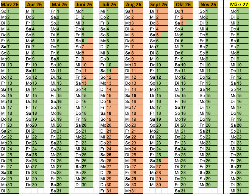 So 1 Mi 1 Fr 1 Mo 1 Mi 1 Sa 1 Di 1 Do 1 So 1 Mo 1 Mo 2 Do 2 Sa. 2 Di 2 Do 2 So 2 Mi 2 Fr 2 Mo 2 Di 2 Di 3 Fr 3 So. 3 Mi 3 Fr 3 Mo 3 Do 3 Sa 3 Di 3 Mi 3 Mi 4 Sa 4 Mo. 4 Do 4 Sa 4 Di 4 Fr 4 So 4 Mi 4 Do 4 Do 5 So 5 Di. 5 Fr 5 So 5 Mi 5 Sa 5 Mo 5 Do 5 Fr 5 Fr 6 Mo 6 Mi. 6 Sa 6 Mo 6 Do 6 So 6 Di 6 Fr 6 Sa 6 Sa 7 Di 7 Do. 7 So 7 Di 7 Fr 7 Mo 7 Mi 7 Sa 7 So 7 So 8 Mi 8 Fr. 8 Mo 8 Mi 8 Sa 8 Di 8 Do 8 So 8 Mo 8 Mo 9 Do 9 Sa. 9 Di 9 Do 9 So 9 Mi 9 Fr 9 Mo 9 Di 9 Di 10 Fr 10 So. 10 Mi 10 Fr 10 Mo 10 Do 10 Sa 10 Di 10 Mi 10 Mi 11 Sa 11 Mo. 11 Do 11 Sa 11 Di 11 Fr 11 So 11 Mi 11 Do 11 Do 12 So 12 Di. 12 Fr 12 So 12 Mi 12 Sa 12 Mo 12 Do 12 Fr 12 Fr 13 Mo 13 Mi. 13 Sa 13 Mo 13 Do 13 So 13 Di 13 Fr 13 Sa 13 Sa 14 Di 14 Do. 14 So 14 Di 14 Fr 14 Mo 14 Mi 14 Sa 14 So 14 So 15 Mi 15 Fr. 15 Mo 15 Mi 15 Sa 15 Di 15 Do 15 So 15 Mo 15 Mo 16 Do 16 Sa. 16 Di 16 Do 16 So 16 Mi 16 Fr 16 Mo 16 Di 16 Di 17 Fr 17 So. 17 Mi 17 Fr 17 Mo 17 Do 17 Sa 17 Di 17 Mi 17 Mi 18 Sa 18 Mo. 18 Do 18 Sa 18 Di 18 Fr 18 So 18 Mi 18 Do 18 Do 19 So 19 Di. 19 Fr 19 So 19 Mi 19 Sa 19 Mo 19 Do 19 Fr 19 Fr 20 Mo 20 Mi. 20 Sa 20 Mo 20 Do 20 So 20 Di 20 Fr 20 Sa 20 Sa 21 Di 21 Do. 21 So 21 Di 21 Fr 21 Mo 21 Mi 21 Sa 21 So 21 So 22 Mi 22 Fr. 22 Mo 22 Mi 22 Sa 22 Di 22 Do 22 So 22 Mo 22 Mo 23 Do 23 Sa. 23 Di 23 Do 23 So 23 Mi 23 Fr 23 Mo 23 Di 23 Di 24 Fr 24 So. 24 Mi 24 Fr 24 Mo 24 Do 24 Sa 24 Di 24 Mi 24 Mi 25 Sa 25 Mo. 25 Do 25 Sa 25 Di 25 Fr 25 So 25 Mi 25 Do 25 Do 26 So 26 Di. 26 Fr 26 So 26 Mi 26 Sa 26 Mo 26 Do 26 Fr 26 Fr 27 Mo 27 Mi. 27 Sa 27 Mo 27 Do 27 So 27 Di 27 Fr 27 Sa 27 Sa 28 Di 28 Do. 28 So 28 Di 28 Fr 28 Mo 28 Mi 28 Sa 28 So 28 So 29 Mi 29 Fr. 29 Mo 29 Mi 29 Sa 29 Di 29 Do 29 So 29 Mo 29 Mo 30 Do 30 Sa. 30 Di 30 Do 30 So 30 Mi 30 Fr 30 Mo 30 Di 30 Di 31 Sa 31 Fr. 31 Mo 31 Sa 31 Mi 31 März 26 Apr 26 Mai 26 Juni 26 Juli 26 Sept 26 Okt 26 Nov 26 März 27 Aug 26