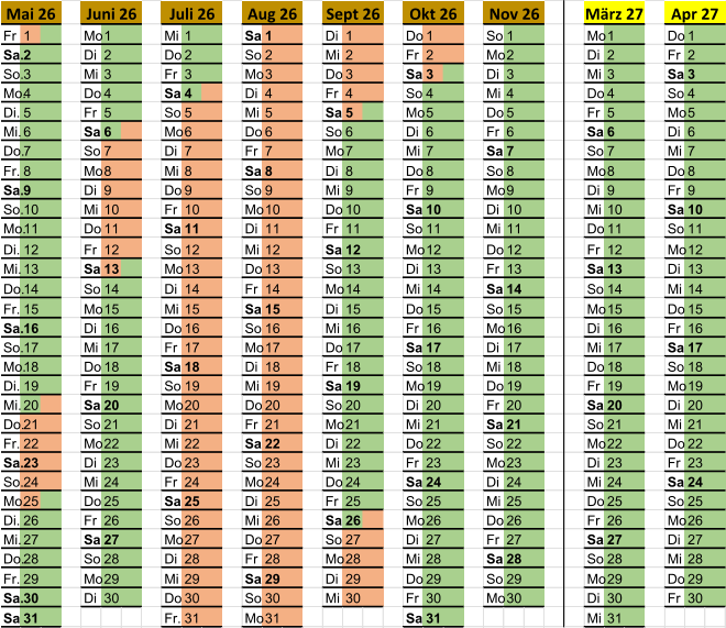Fr 1 Mo 1 Mi 1 Sa 1 Di 1 Do 1 So 1 Mo 1 Do 1 Sa. 2 Di 2 Do 2 So 2 Mi 2 Fr 2 Mo 2 Di 2 Fr 2 So. 3 Mi 3 Fr 3 Mo 3 Do 3 Sa 3 Di 3 Mi 3 Sa 3 Mo. 4 Do 4 Sa 4 Di 4 Fr 4 So 4 Mi 4 Do 4 So 4 Di. 5 Fr 5 So 5 Mi 5 Sa 5 Mo 5 Do 5 Fr 5 Mo 5 Mi. 6 Sa 6 Mo 6 Do 6 So 6 Di 6 Fr 6 Sa 6 Di 6 Do. 7 So 7 Di 7 Fr 7 Mo 7 Mi 7 Sa 7 So 7 Mi 7 Fr. 8 Mo 8 Mi 8 Sa 8 Di 8 Do 8 So 8 Mo 8 Do 8 Sa. 9 Di 9 Do 9 So 9 Mi 9 Fr 9 Mo 9 Di 9 Fr 9 So. 10 Mi 10 Fr 10 Mo 10 Do 10 Sa 10 Di 10 Mi 10 Sa 10 Mo. 11 Do 11 Sa 11 Di 11 Fr 11 So 11 Mi 11 Do 11 So 11 Di. 12 Fr 12 So 12 Mi 12 Sa 12 Mo 12 Do 12 Fr 12 Mo 12 Mi. 13 Sa 13 Mo 13 Do 13 So 13 Di 13 Fr 13 Sa 13 Di 13 Do. 14 So 14 Di 14 Fr 14 Mo 14 Mi 14 Sa 14 So 14 Mi 14 Fr. 15 Mo 15 Mi 15 Sa 15 Di 15 Do 15 So 15 Mo 15 Do 15 Sa. 16 Di 16 Do 16 So 16 Mi 16 Fr 16 Mo 16 Di 16 Fr 16 So. 17 Mi 17 Fr 17 Mo 17 Do 17 Sa 17 Di 17 Mi 17 Sa 17 Mo. 18 Do 18 Sa 18 Di 18 Fr 18 So 18 Mi 18 Do 18 So 18 Di. 19 Fr 19 So 19 Mi 19 Sa 19 Mo 19 Do 19 Fr 19 Mo 19 Mi. 20 Sa 20 Mo 20 Do 20 So 20 Di 20 Fr 20 Sa 20 Di 20 Do. 21 So 21 Di 21 Fr 21 Mo 21 Mi 21 Sa 21 So 21 Mi 21 Fr. 22 Mo 22 Mi 22 Sa 22 Di 22 Do 22 So 22 Mo 22 Do 22 Sa. 23 Di 23 Do 23 So 23 Mi 23 Fr 23 Mo 23 Di 23 Fr 23 So. 24 Mi 24 Fr 24 Mo 24 Do 24 Sa 24 Di 24 Mi 24 Sa 24 Mo. 25 Do 25 Sa 25 Di 25 Fr 25 So 25 Mi 25 Do 25 So 25 Di. 26 Fr 26 So 26 Mi 26 Sa 26 Mo 26 Do 26 Fr 26 Mo 26 Mi. 27 Sa 27 Mo 27 Do 27 So 27 Di 27 Fr 27 Sa 27 Di 27 Do. 28 So 28 Di 28 Fr 28 Mo 28 Mi 28 Sa 28 So 28 Mi 28 Fr. 29 Mo 29 Mi 29 Sa 29 Di 29 Do 29 So 29 Mo 29 Do 29 Sa. 30 Di 30 Do 30 So 30 Mi 30 Fr 30 Mo 30 Di 30 Fr 30 Sa 31 Fr. 31 Mo 31 Sa 31 Mi 31 Okt 26 Nov 26 März 27 Aug 26 Apr 27 Mai 26 Juni 26 Juli 26 Sept 26